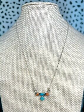Turquoise and Pink/Orange Dahlia Multi Stone Sterling Silver Necklace 16”-18”
